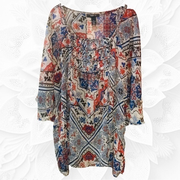 Style & Co. Colorful Flowy Semi-Sheer Tunic W/Wide Flowy Sleeves Size XL - Picture 1 of 5